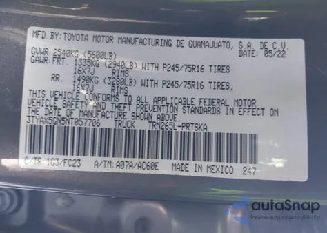 2022 Toyota Tacoma Sr5 z USA, uszkodzony, nr VIN 3TYAX5GN5NT057706